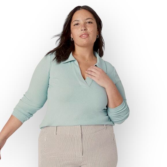 Lane Bryant Classic Long-Sleeve V-Neck Polo Ribbed Tee 22/24 Aqua Mint Green - Picture 1 of 8